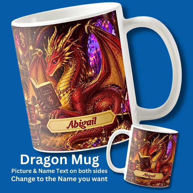 Name hinzufügen, Fantasy-Drache mit Buch und Kaffe Kaffeetasse (Von Creator hochgeladen)