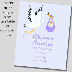 Name hinzufügen - Geburtsdetails Stork Blue Baby K Poster
