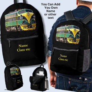 Name hinzufügen, gelbe grüne Diesel-Lokomotive auf Bedruckter Rucksack
