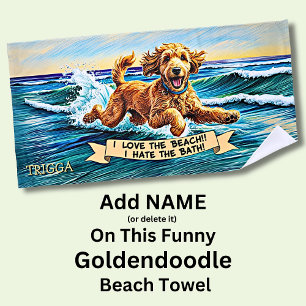 Name hinzufügen, Goldendoodle-Hunde-Splashing in d Strandtuch