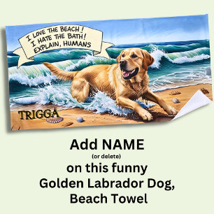 Name hinzufügen, Goldener Labrador-Hund, der in We Strandtuch
