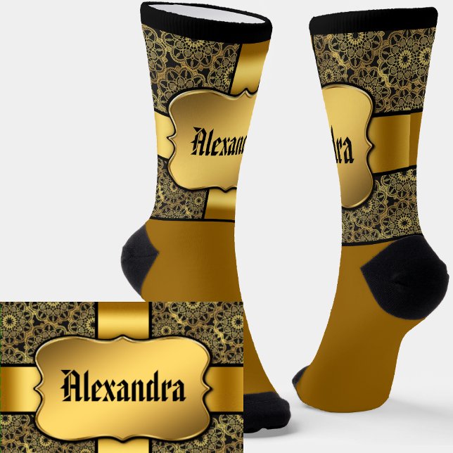 Name hinzufügen, Goldener Schild auf goldenem Band Socken (Von Creator hochgeladen)