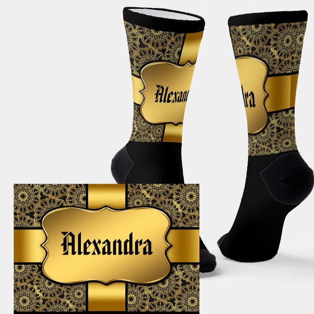 Name hinzufügen, Goldener Schild auf goldenem Band Socken (Von Creator hochgeladen)