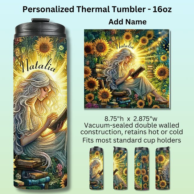 Name hinzufügen, Lady liest im Schein mit Sonnenbl Thermosbecher (Von Creator hochgeladen)