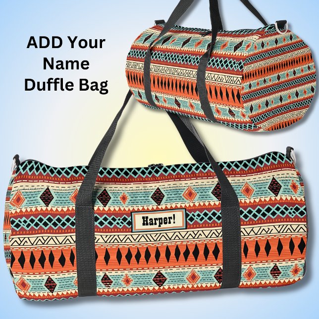 Name hinzufügen, Orange Aqua Brown Geometric Weste Duffle Bag (Von Creator hochgeladen)