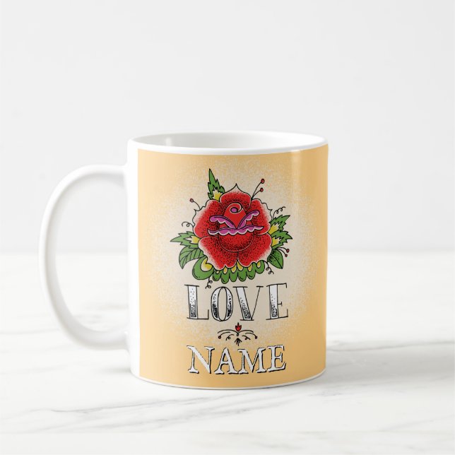 Name hinzufügen Rote Rose Tattoo-LIEBE ändern Kaffeetasse (Links)