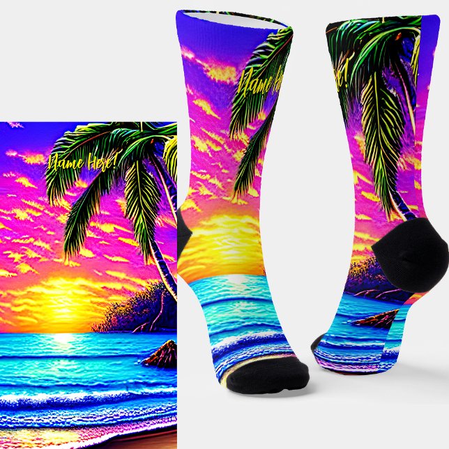 Name hinzufügen, Stylized Beach Sunset mit Palm Tr Socken (Von Creator hochgeladen)