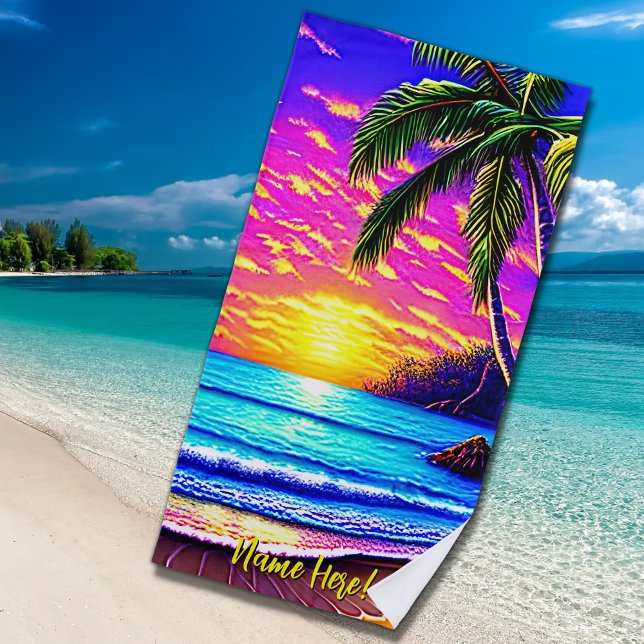 Name hinzufügen, Stylized Beach Sunset mit Palm Tr Strandtuch (Von Creator hochgeladen)