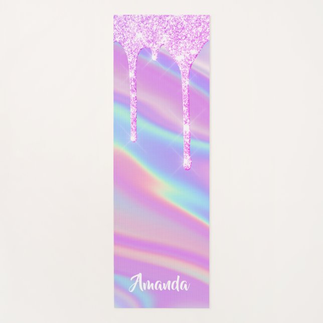 Name Holographic Pink Tropfens Unicorn Pastels Yogamatte (Vorderseite)