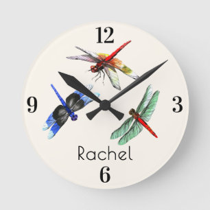 Name Home Office Watercolor Dragonflies 8-in Runde Wanduhr