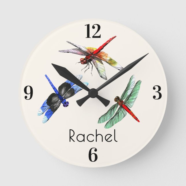 Name || Home Office Watercolor Dragonflies 8-in Runde Wanduhr (Vorderseite)