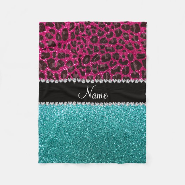 Name Hot Rosa Glitzer Leopard Türkis Glitzer Fleecedecke (Vorderseite)