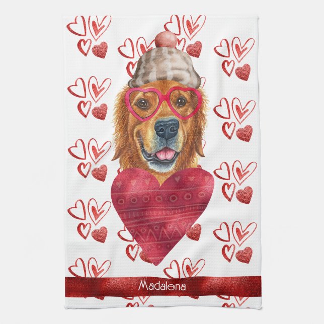 Name Hund Lover Valentine Geschenk Golden Retrieve Geschirrtuch (Vertikal)