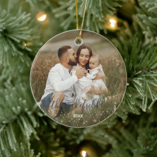 Name in blauer Schrift Flares Sterne Weihnachtsfot Keramik Ornament