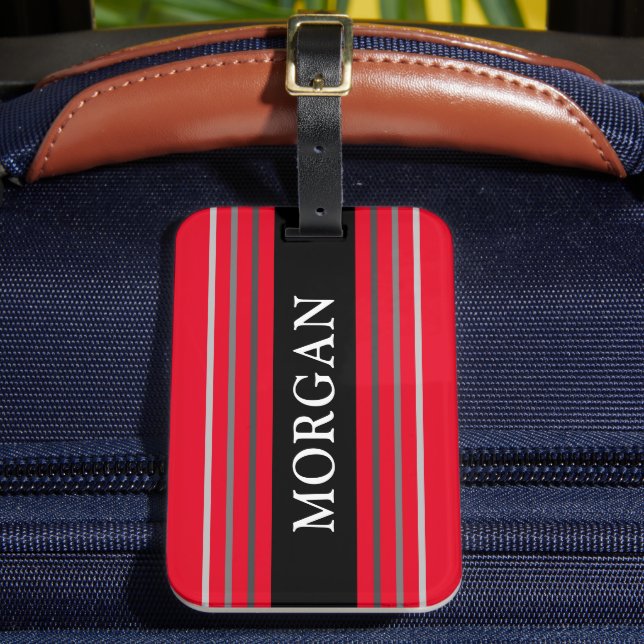 Name in Weiß, Schwarz und Grau Streifen, rot Gepäckanhänger (Vorderseite Insitu 2)