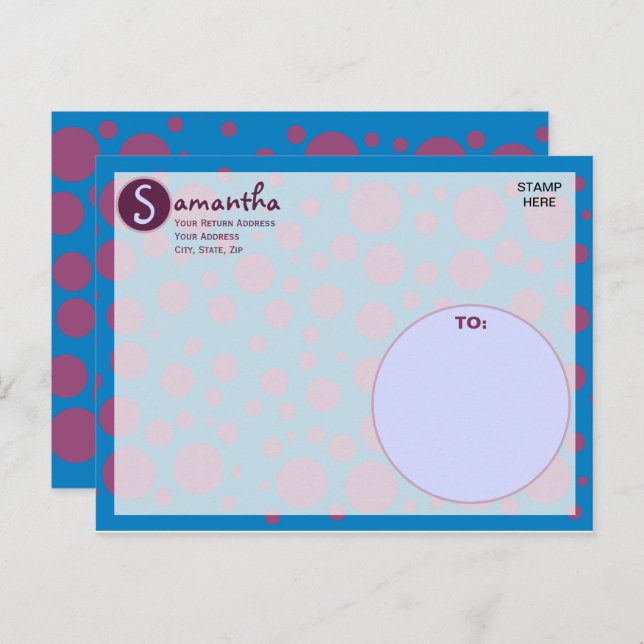 Name Initial Blue Lila Polka Dots Moons Circles Postkarte (Vorne/Hinten)