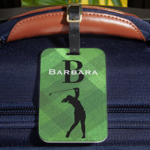 Name Initial, Silhouette Golfer Grün Kariert Gepäckanhänger
