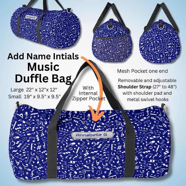 Name, Initialen, Musiknoten auf Blau hinzufügen Duffle Bag (Von Creator hochgeladen)