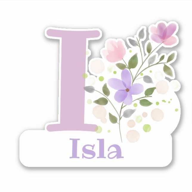 Name Isla plus Initial mit Blumendesign Aufkleber (Vorderseite)