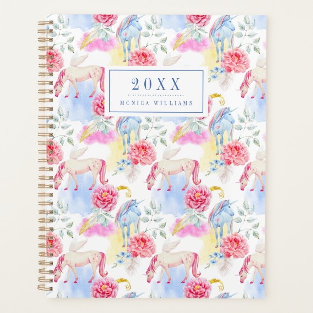 Name/Jahr hinzufügen | Wasserfarben Einhorn & Pega Planer (Vorderseite)