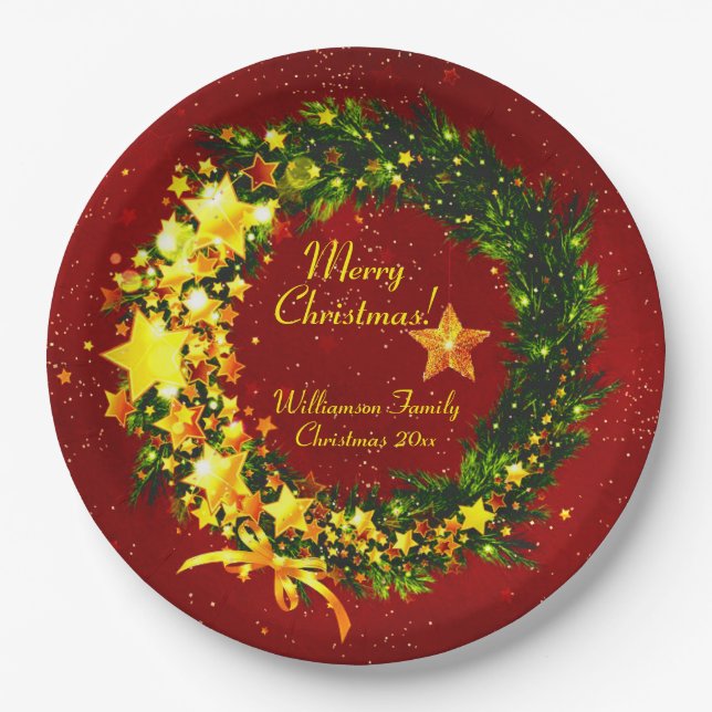 Name Jahr Weihnachten 20xx Gold Wreath auf Red Pappteller (Vorderseite)