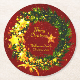 Name Jahr Weihnachten 20xx Gold Wreath auf Red Runder Pappuntersetzer