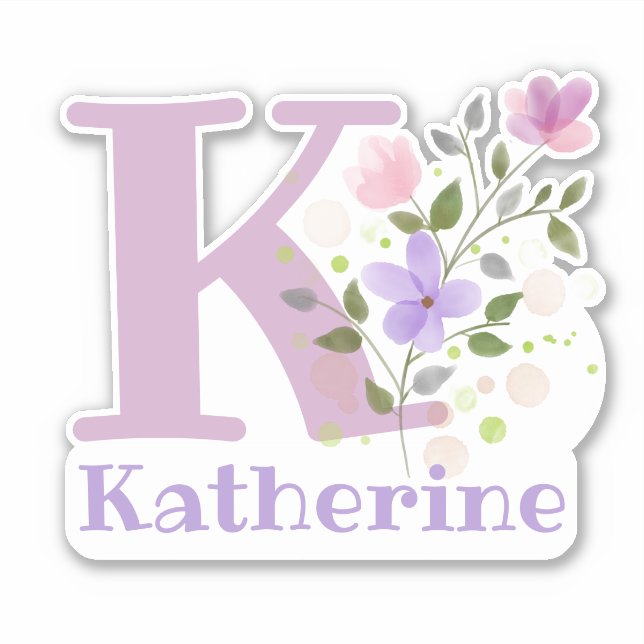 Name Katherine plus Initial mit Blumendesign Aufkleber (Vorderseite)