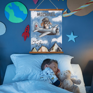 Name Kinderzimmer Kunst Lustiger Hund Flugzeug Wol Wandteppich Mit Holzrahmen