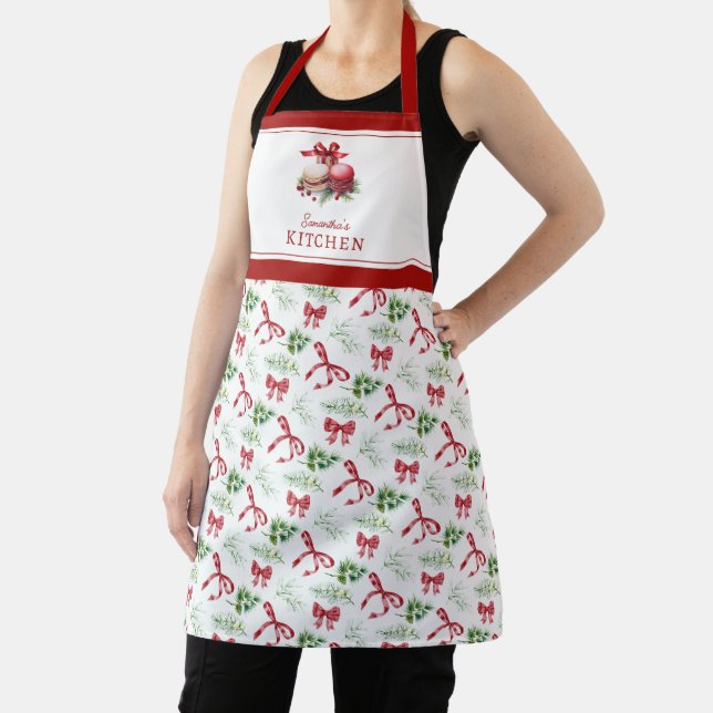 Name Küchen-Weihnachts-Schleife Grünmuster Schürze (InSitu)
