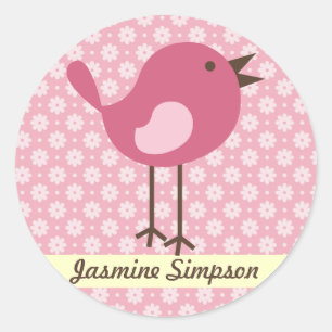 Name Labels/Aufkleber Pink Bird - Daisy Design Runder Aufkleber
