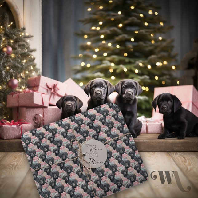 Name Labrador Puppy Pink Bows Weihnachten Geschenkpapier (Von Creator hochgeladen)