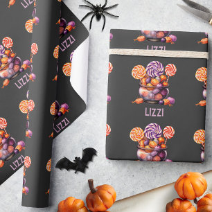 Name Lila Orange Trick oder Treat Niedlich Hallowe Geschenkpapier