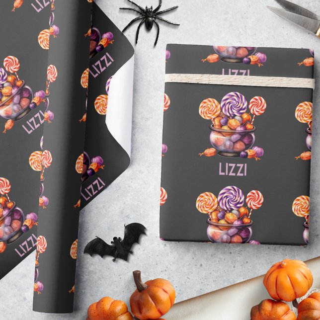 Name Lila Orange Trick oder Treat Niedlich Hallowe Geschenkpapier (Von Creator hochgeladen)