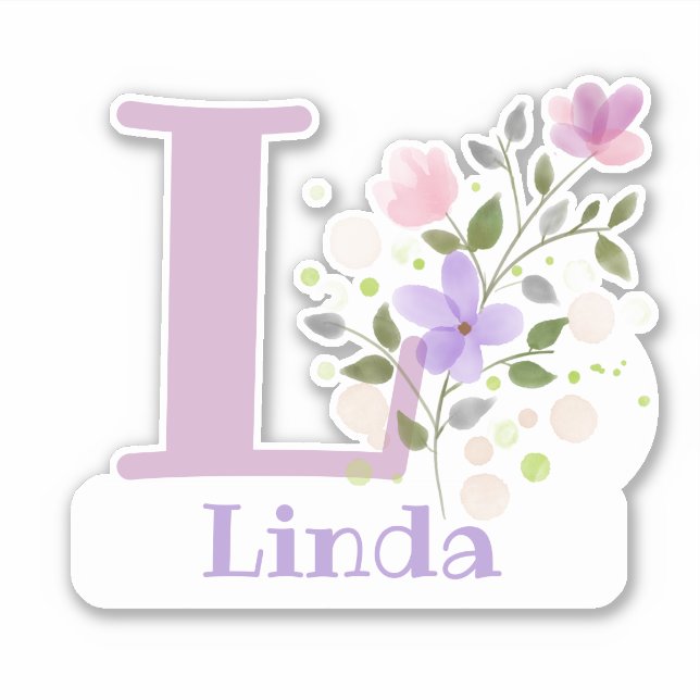Name Linda plus Initial mit Blumendesign Aufkleber (Vorderseite)