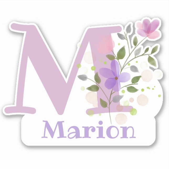 Name Marion Plus Initial mit Blumendesign Aufkleber (Vorderseite)