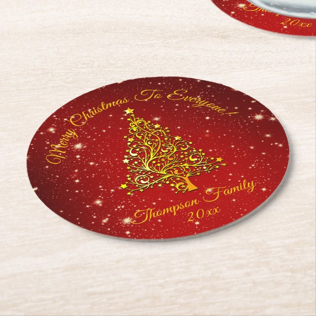 Name Matching Set Weihnachten Red Gold Tree Star h Runder Pappuntersetzer (Angewinkelt)