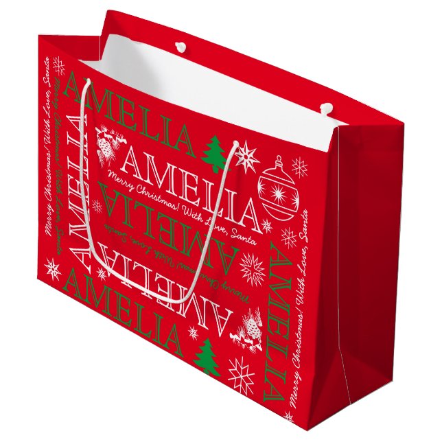 Name mit 6 Buchstaben Red Green Weihnachtsmuster Große Geschenktüte (Vorderseite Schrägansicht)