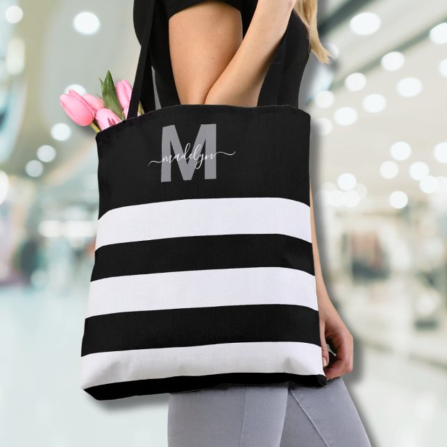 Name Mit Monogramm (Black Chic Stripes Name Monogrammed Tote Bag )