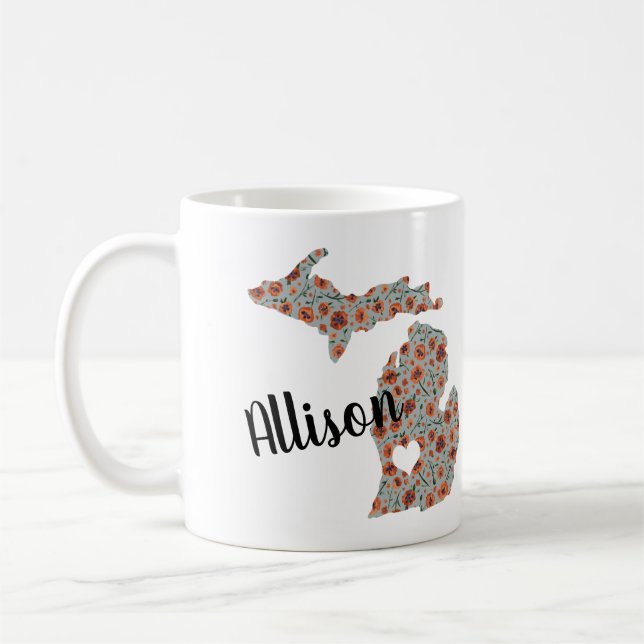 Name mit Staat von Michigan Poppies & Blumendruck Kaffeetasse (Links)