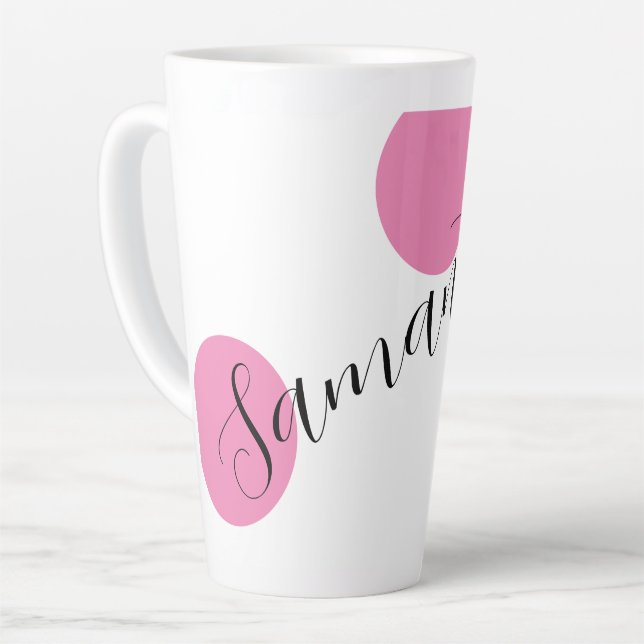 Name Modern Large Pink Polka Dots Milchtasse (Linke Ecke)