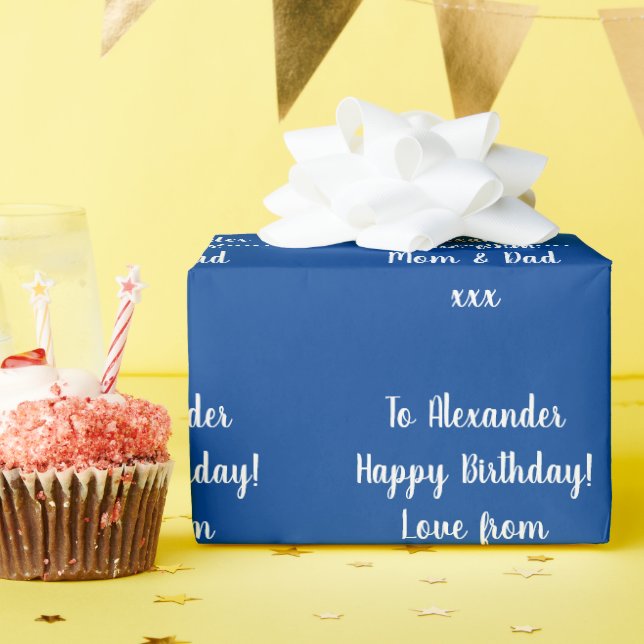 Name Modern Script Typografie Blue Happy Birthday Geschenkpapier (Geburtstagsparty)