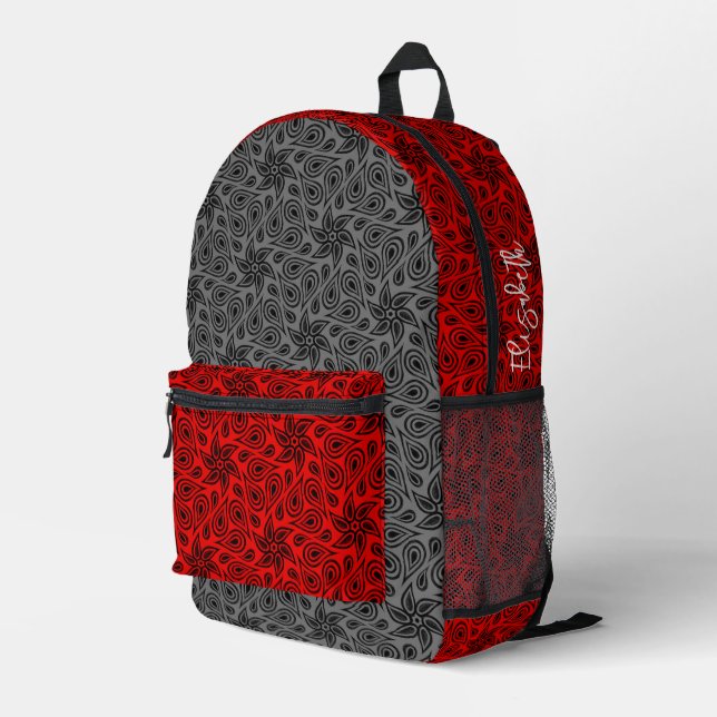 Name Modernes Graues und rotes Blumenmuster Muster Bedruckter Rucksack (Rückseitige Ecke Rechts)