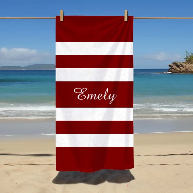 Name Modernes rotes Streifenmuster Strandtuch (Custom Name Name Modern Red Striped Pattern Beach Towel)