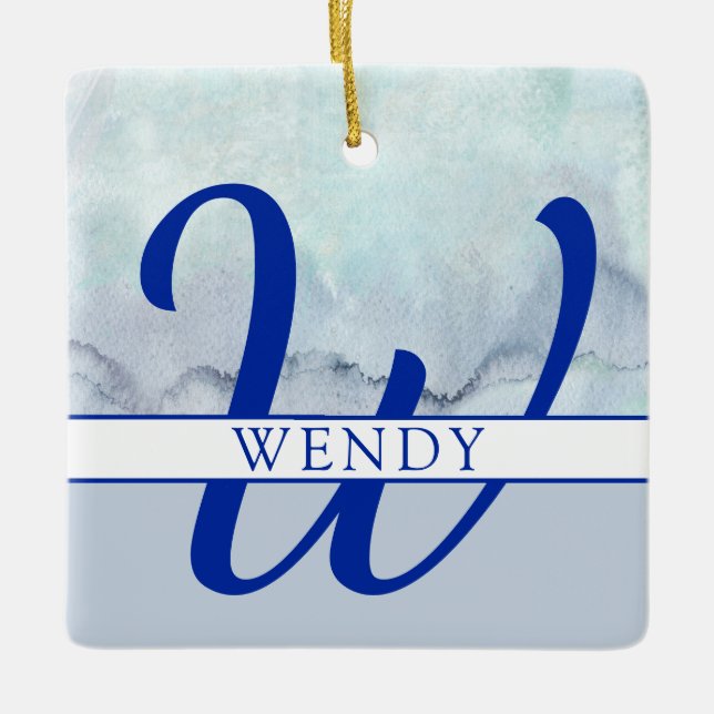 Name | Monogram Blue Watercolor Keramikornament (Vorderseite)