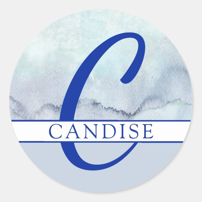 Name | Monogram Blue Watercolor Runder Aufkleber (Vorderseite)