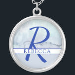 Name | Monogram Blue Watercolor Versilberte Kette<br><div class="desc">Ein hübscher Name und eine Monogramm-Kombination mit blauem Aquarellhintergrund.</div>