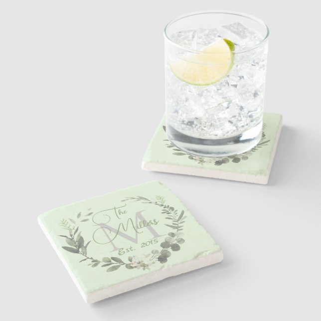 Name Monogram Botanische Aquarellfarbe Steinuntersetzer (Seitenansicht)