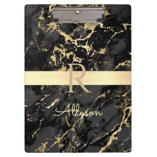 Name & Monogram, Gold Bar, Black & Gold Marmor Klemmbrett