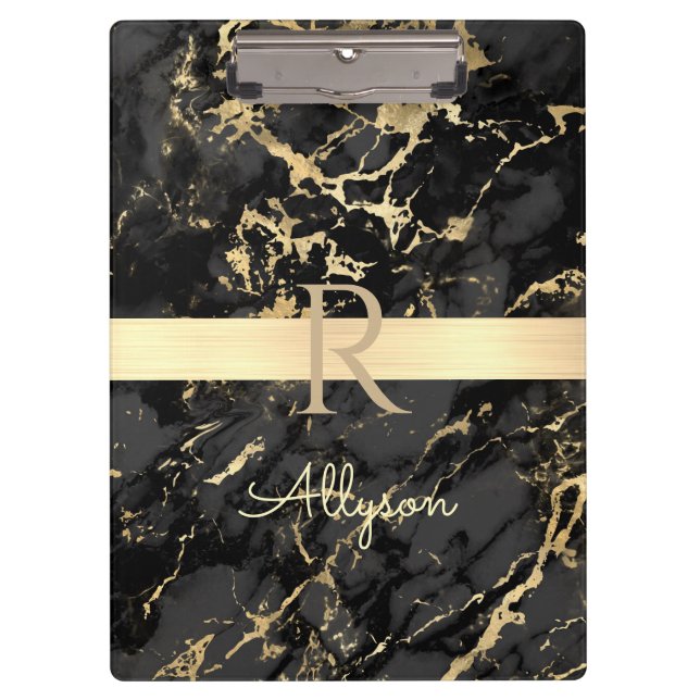 Name & Monogram, Gold Bar, Black & Gold Marmor Klemmbrett (Vorderseite)