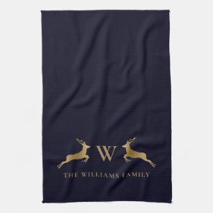 Name Monogram Gold Deer Midnight Navy Geschirrtuch